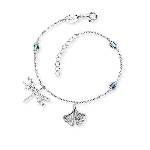 Engelsrufer Armband aus Sterlingsilber mit Libellen und Ginkgo Anhänger in den Farben Silber-Grün-Blau, Länge: 17cm + 3cm, ERB-JOYNATURE-ZIM