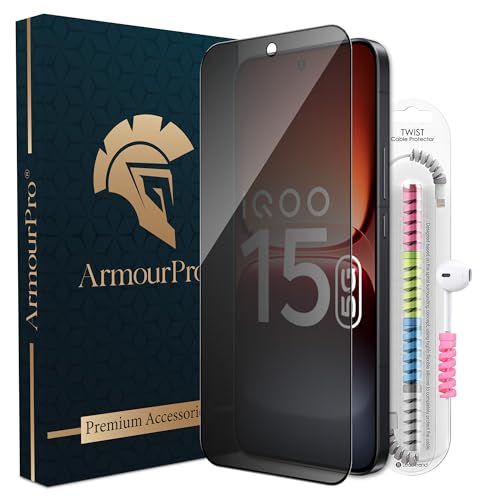 Image of ArmourPro Privacy Tempered Glass for IQOO 15, Anti Spy Anti Peeping Screen Protector, Edge-to-Edge Full Coverage, 9H Hardness with Cable Protector | Black