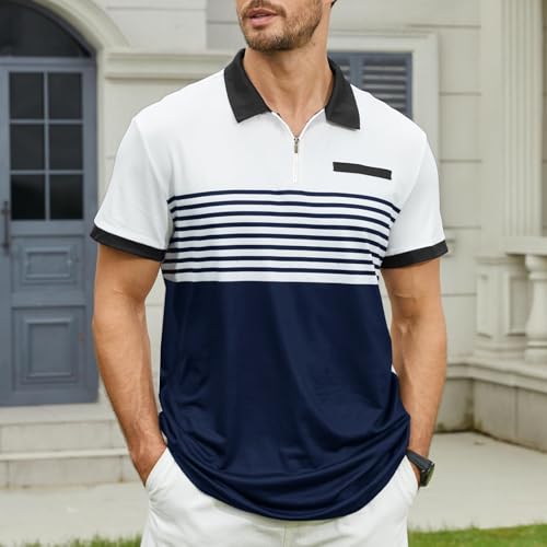 NLAND Polo Hombre Manga Corta con Cremallera Camiseta Polo Camisa Slim Fit Hombre Transpirabilidad Absorción Rayas Verano Ropa Tennis Regular Fit T-Shirt,Blanco XL