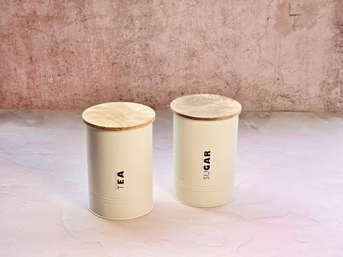 Image of JISCOVERY Airtight Tea & Sugar Container Set of 2| Metal Storage Canister with Wooden Lid for Kitchen| Storage Box for Kitchen Counter Top| 1300 ML| Beige
