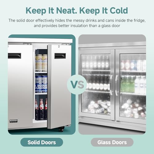 Image of BODEGA BODEGACOOLER Commercial Bar Cooler with 3 Solid Doors, 20.5 Cu.Ft Back Bar Beverage Refrigerator for Beer Soda Wine,LED Light, Stainless Steel Top,6 Casters for Kitchen Buffet Table Use