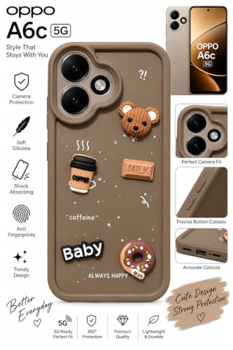 Image of Bintage Back Cover Compatible for Oppo A6c 4G | Cute 3D Taddy Ball Bear Milk Cake Coffee Silicon Case Full Body & Camera Protection - Brown