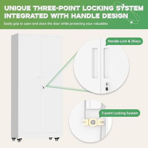Image of INTERGREAT Metal Storage Cabinet with Wheels, 73 inch H Rolling Metal Cabinets with Doors and Shelves, White Steel Lockable Cabinet on Wheels for Garage Storage
