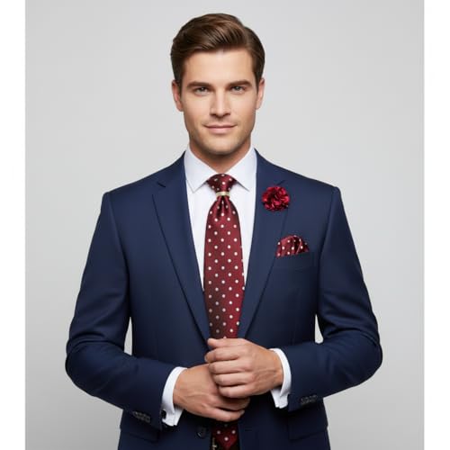 Image of 5PCS Mens Silk Designer Tie, Pocket Square, Cufflinks, Drilled Tie Ring and Lapel Pin Set for Wedding Groom Party