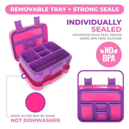 Image of kinsho Bento Lunch Box for Kids Toddlers Girls, 5 Portion Sections Secure Lid, Microwave Safe BPA Free Removable Tray, Pre-School Kid Daycare Lunches Snack Container Ages 3 to 5, Pink Purple