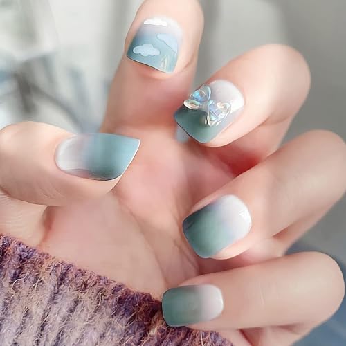 Blue Gradient French Press on Nails Short Square White Clouds Bal...