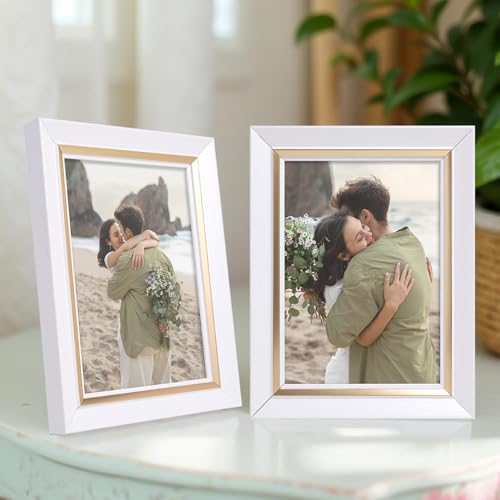 Image of GOLDEN PEACOCK Set of 2 5x7 Inch Photo Frames - Elegant White & Gold Finish | Decorative Tabletop & Wall Hanging Picture Frames for Home, Office & Gifting