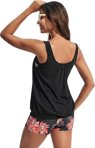 Hanna Nikole Damen Sportlich Tankini Set, Freizeit Zweiteiliger Badeanzug, Sommer Blumenmuster Bademode, Texturen Gepolsterter Oberteil mit Shorts Schwarze und orangefarbene Blüten XL