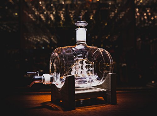 Bourbon Barrel Whiskey Decanter With Ship - 1000ml Liquor Dispenser - Sailing/Boating Gifts for Men and Women, Nautical Decor Retirement Gift (Tomoka Gold)