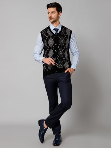 Image of Cantabil Geometric V Neck Sleeveless Regular Fit Men Maroon Casual Cardigan Sweater | Casual Winter Sweater for Men | Mens Sweater for Winter Wear (P MSWT00058 Black)