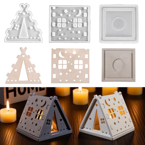 Junhui Silikonformen Gießformen Häuser, Silikonform Weihnachten, 3D Sterne und Mond-Zelt Kerzenhalter Silikonform, DIY Haus Gießform Haus Gips Zum Gießen Giessformen