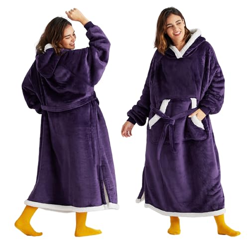Image of Bedsure Wearable Blanket Hoodie, Long Hooded Blanket Sweatshirt as Birthday Gifts for Women, Cozy Sherpa Hoodie for Adult, Standard, Dark Purple