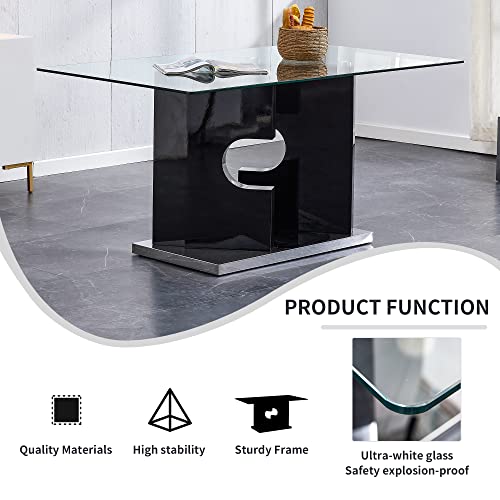 Modern Rectangular Glass Dining Table For 4-8 With Tempered Glass Tabletop And Special-Shaped Bracket For Kitchen Dining Living Meeting Room Banquet Hall (Black5) #TOP3