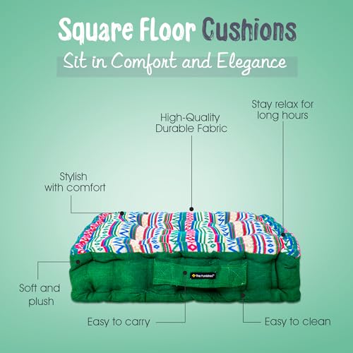 Image of Reversible 60x60x10 cm Woven Quilted Green Boho Floor Cushion with Cotton Filler for Seating, Patio Seat, Meditation, Yoga, Pooja, Guests, Living Room, Bedroom, Large Size 24x24x4 Inch