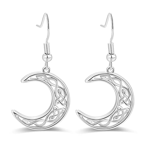 Crescent Moon Earrings Celtic Knot Dangle Earrings Thick Silver Plating Hypoallergenic Dainty Jewelry Gift for Women Girls (Silver)