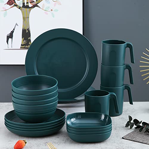 Kyraton Plastic Dinnerware Sets Of 20 Pieces, Unbreakable And Reusable Light Weight Plates Mugs Bowls Dishes Easy To Carry And Clean Microwave Safe Bpa Free Dishwasher Safe Service For 4 (Dark Green) #TOP3
