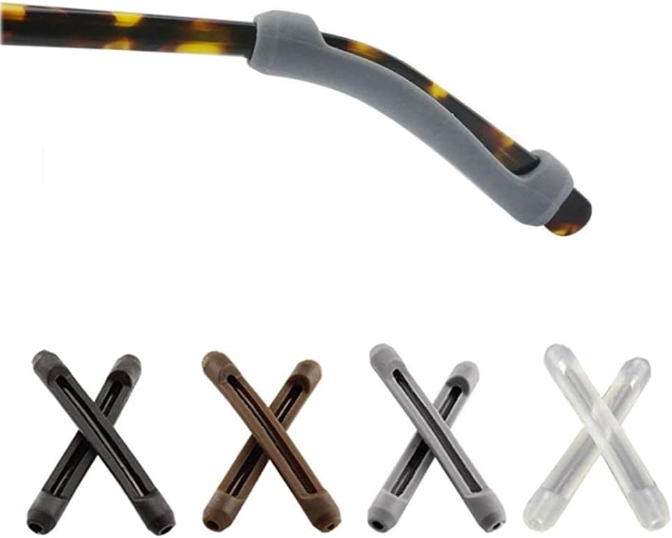 4 Pairs Eyeglasses Temple Tips Sleeve Retainer, Soft Silicone Anti-Slip Elastic Comfort Glasses Retainers for Sunglasses and Glasses Eyewear (Black,Clear,Grey,Brown)