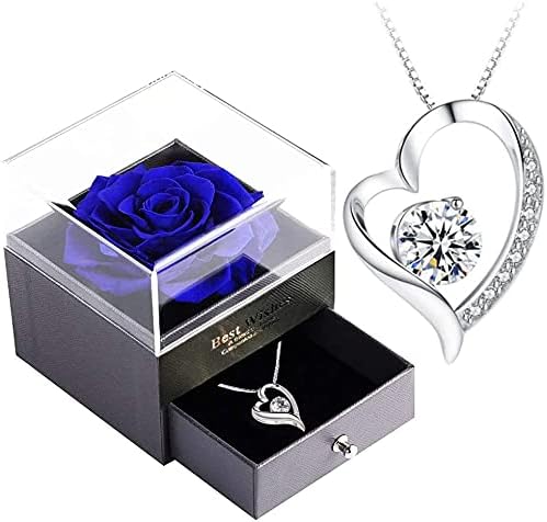 SWEETIME Forever Blue Rose Gift Box with Necklace-Real Eternal Rose with 925 Sterling Silver Women Necklace Inside,Enchanted Real Flower Gift for Mother's Day Anniversary Wedding