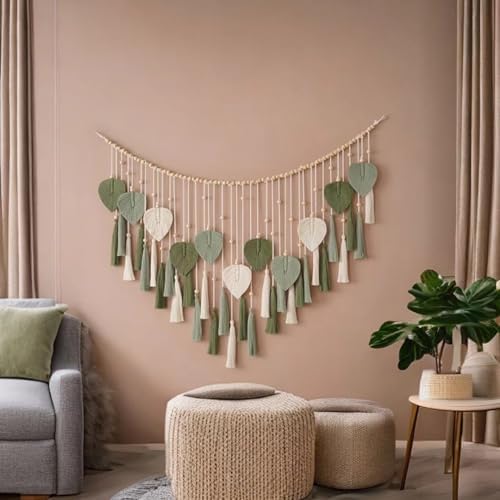MEIVINES Macrame Wall Hanging Green Leaf Tassel Wall Tapestry Boho Wall Decor Boho Macrame Leaf Wall Decoration Handmade Woven Wall Hanging For Bedroom Living Room Decoration