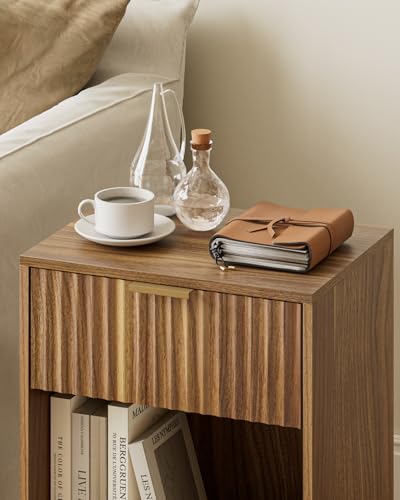 Image of Masupu Fluted Nightstand,Modern Night Stand Wood Bedside Table with Storage Drawer Side End Table for Bedroom,Office,Walnut Brown