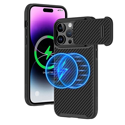 Image of Nillkin iPhone 14 Pro Case with Camera Cover, Carbon Fiber Magnetic Case Compatible with Magsafe [Biult-in Torsion Spring Slide Camera Protection] Slim Fit Protective Case 6.1 inch, Black