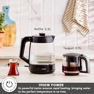 KARACA Glass Turkish Tea Maker Machine, 2 in 1 Turkish Tea Pot Set, XL Teapot & Water Kettle Electric, 1900W, Shiny Black