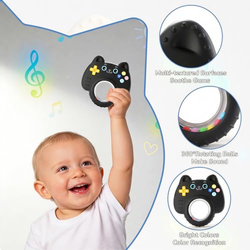Image of Baby Teether Toy Silicone Cat Teething Ring -Game Controller, Baby Rattle Toy Chew Sensory Toys for Babies Over 3 Months, Teething Relief for Newborn Infant Essentials 0-6 6-12 Months, BPA Free -Black