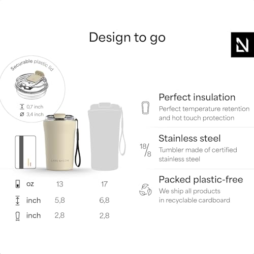 Image of LARS NYSOM Thermo Coffee Mug to go with Strap 13oz | Travel Mug 0.38 Liter with Insulation | Leak Proof Stainless Steel Thermal Tumbler for Coffee and Tea to Go (Almond Beige, 12.9 oz)