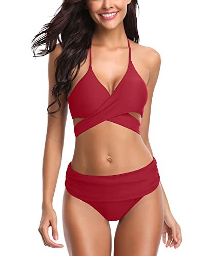 SHEKINI Women s Push Up Bathing Suits Ruched Swimsuits Halter Bandage Two Piece Bikini (Large, Wine Red)