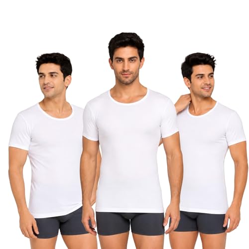Image of Lux Cozi 100% Cotton Men Sleeveless Round Neck Vest - Modern White Baniyan for Men, Pack of 3