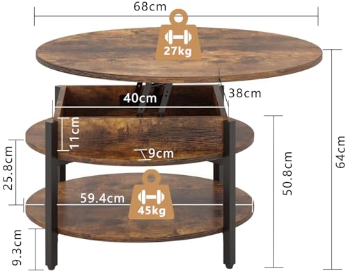 Mossora Round Lift Top Coffee Table with Storage and Concealed Compartment, 68cm Farmhouse Coffee Tables for Living Room, 2 Tier Small Round Centre Table Circle Dining Table, Rustic Brown - Image 3