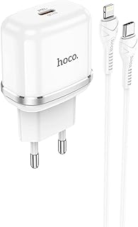 Hoco N24 - Victorious Single Port Fast Charger, Set With Type-C To Lightning Cable (3A - PD20W - 1M), Support PD, PPS, QC3.0, FCP, AFC Fast Charging Protocols, Compatible with iPhone Samsung - White