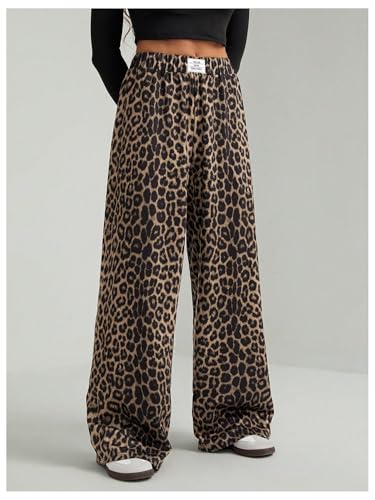 Women's Leopard Print Wide Leg Pants Patched Elastic Waist Casual Loose Trousers3