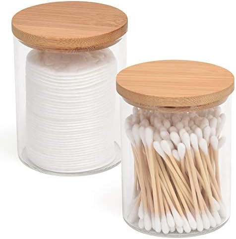 BKYFPQ 2 Pack Glass Qtip Holder Dispenser Bathroom Jars with Bamboo Lids, Cotton Ball Pad Round Swab Holder for Bathroom Accessories Storage Organizer,Farmhouse Bathroom Decor, Boho Bathroom Decor.
