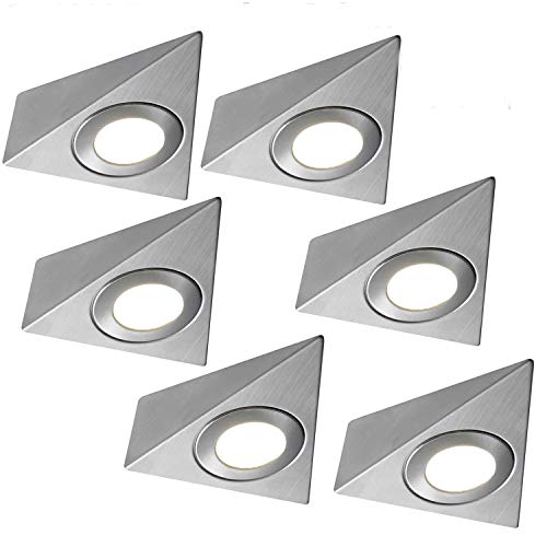 Image of 6 Pack | *240V Mains* LED Triangle Under Cabinet Kitchen Spotlights | Brushed Nickel & Natural White | Surface Mounted Light Fittings | Cupboard Worktop Counter Unit Lighting Kit | Loops