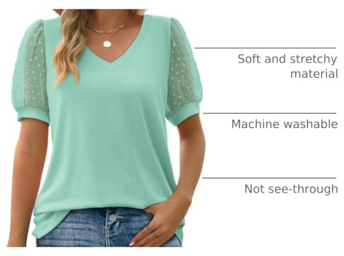 Image of Aokosor Womens Summer Tops V Neck T Shirts Swiss Dot Puff Sleeve Tops Loose Casual Tshirts