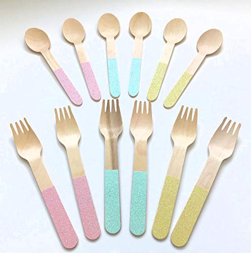 InviteMe Betoverend 18-delig pastelglitter houten bestek met lepels, vorken en messen met pastelgeel, roze en blauwe… - Image 7
