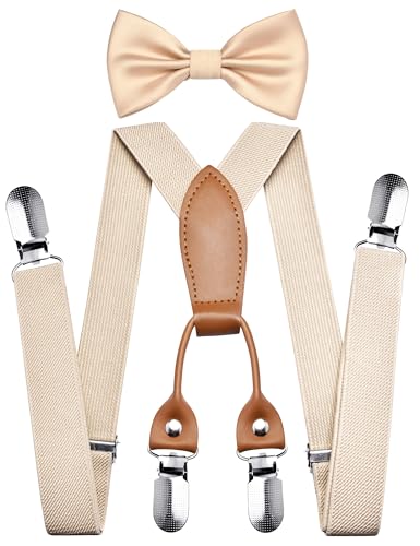 Branduce Beige Baby Boy Bow tie and Suspender Set with 4 Strong Clips Adjustable Kids Y Back Suspenders (SS02-27)