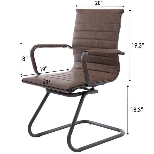 Image of HNY Leather Office Guest & Reception Chairs Set of 2, Modern Waiting Room Chairs with Arms, Desk Chair no Wheels with Sled Base for Waiting Room /Conference Room, Retro Brown