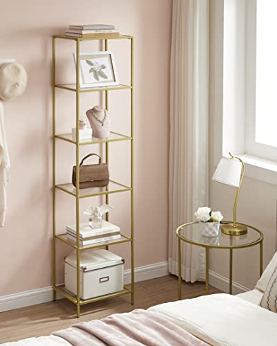 VASAGLE Regal mit 6 Ablagen, Badregal, gehärtetes Glas, einfache Montage, für Badezimmer, Wohnzimmer, Küche, Büro, transparent-metallisches Gold LGT500A01