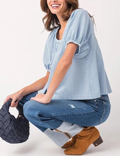 Tanming Womens Summer Plaid Button Down Shirts Short Puff Sleeve Cotton Crew Neck Gingham Blouses Tops3