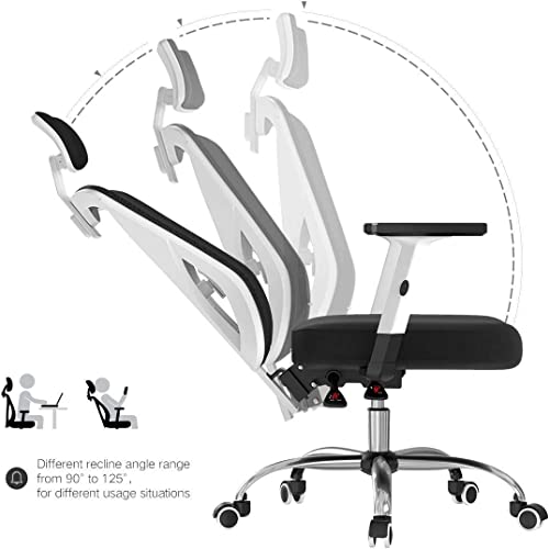 Hbada Silla de Oficina ergonómica con Soporte Lumbar, reposabrazos Ajustable, reposacabezas y Malla Transpirable Agradable al Tacto, Color Blanco