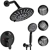 EMBATHER Black Shower Faucets Sets Overhead Rain Head Shower System with 8 Mode High Pressure Handheld Complete Combo and Mixer Valve Trim Kit 3 Way Rainfall Shower Fixture for Luxury Bathroom
