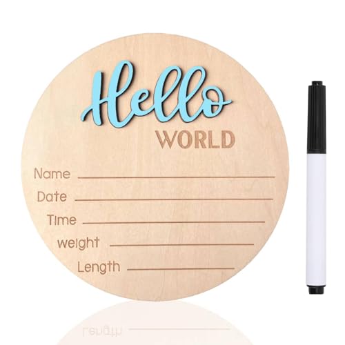 Image of Baby Announcement Sign, 5.9 Inch Wooden Hello World Newborn Signs, Birth Announcement Sign, Baby Shower Hospital Nursery for Newborn Boys and Girls (Sky Blue,Pen)
