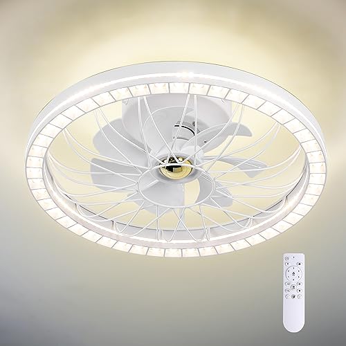KINGTORO LED Ceiling Fans with Light, Modern Ceiling Fans wiht Remote, 19in Dimmable LED 6 Speeds Reversible Blades Timing Indoor Low Profile Ceiling Fan Semi Flush Mount with Remote Control