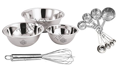 Taluka Stainless Steel Mixing Serving Bowl Serve Ware Measuring Cup Spoon Set With Wire Whisk Kitchen Utensils For Blending,31 Cm Pipe Wisk (Set Of 3 Pc Bowl 4 Pc Measuring Cup 4 Pc Spoon 1 Wisk) #TOP4