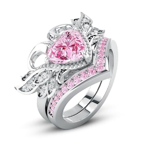 Generic Ranjeeta Heart Cut Simulated Pink Tourmaline & Diamond 925 Sterling Silver 14K White Gold Fn Diamond Swan Design Wedding Bridal Ring Set for Women's (6)