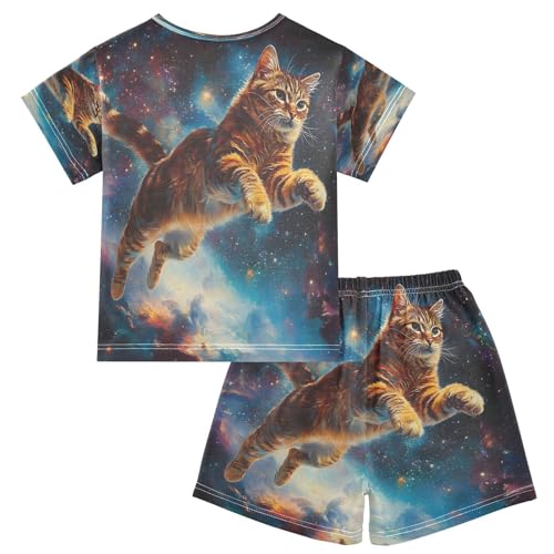 ALAZA Fly Cat Kitten Space Pajamas Set Short Sleeve Cotton Sleepwear Summer Pjs 2 Piece 5-14Y2