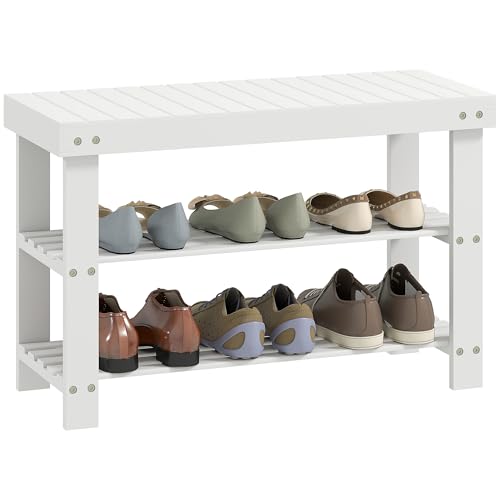 HOMCOM Banc à Chaussures en Bambou, étagère à Chaussures à 3 Niveaux, Style scandinave, Banc de Rangement pour entrée, Salon, Chambre, Charge 136 Kg, 70 x 28 x 45...