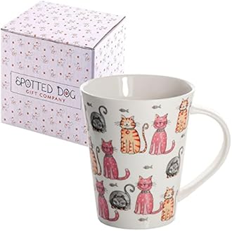 SPOTTED DOG GIFT COMPANY Cat Mug, 12.2 oz Ceramic Coffee Mug & Tea Cup, Happy Cats Themed, Microwave & Dishwasher Safe, Cute Cat Gifts for Women and Animal Lovers